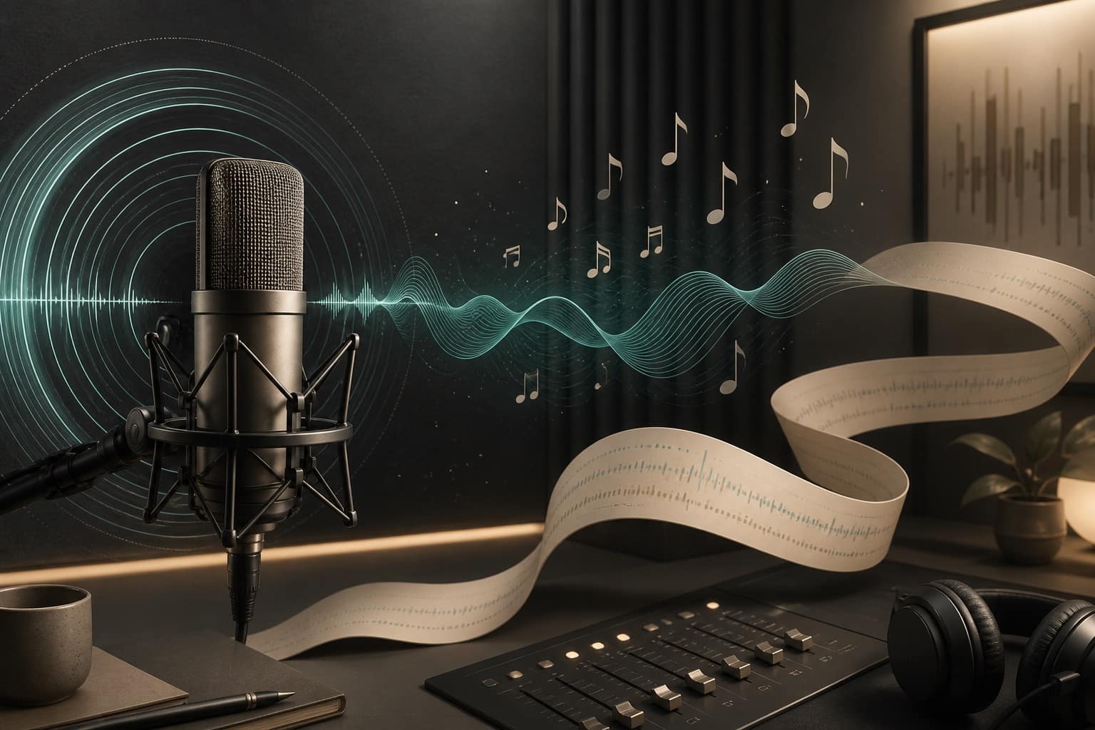 Studio microphone with sound waves becoming music and a transcript
