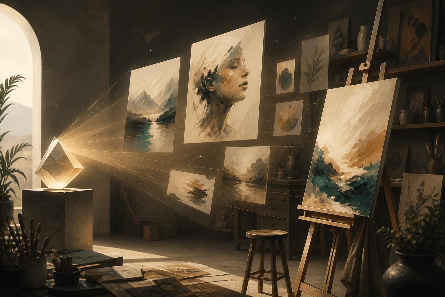 AI image studio with canvases and a prompt prism