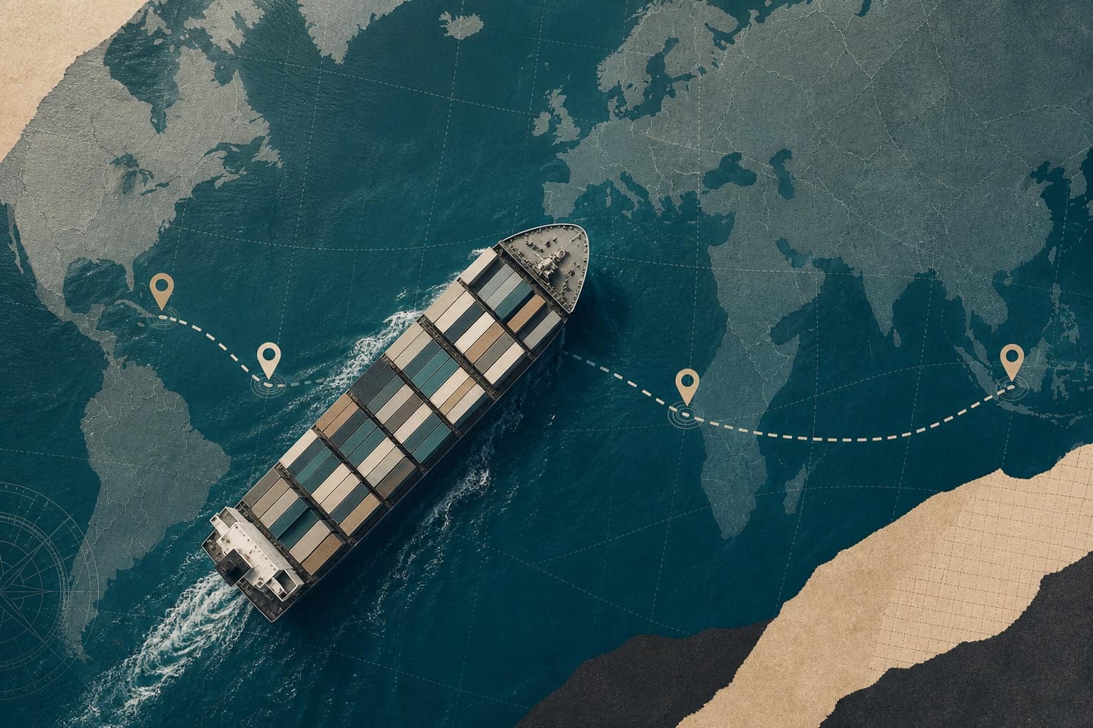 Ocean freight route with waypoint pins for Bill of Lading ETA tracking